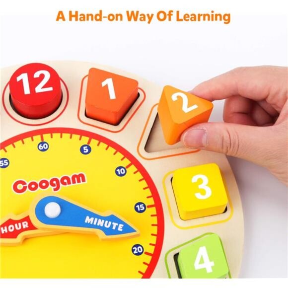 Wooden Shape Color Sorting Clock – Teaching Time Number Puzzle Stacking - Picture 2 of 7
